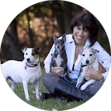 Woman sitting outdoors with white dog, smiling and wearing a polka dot jacket