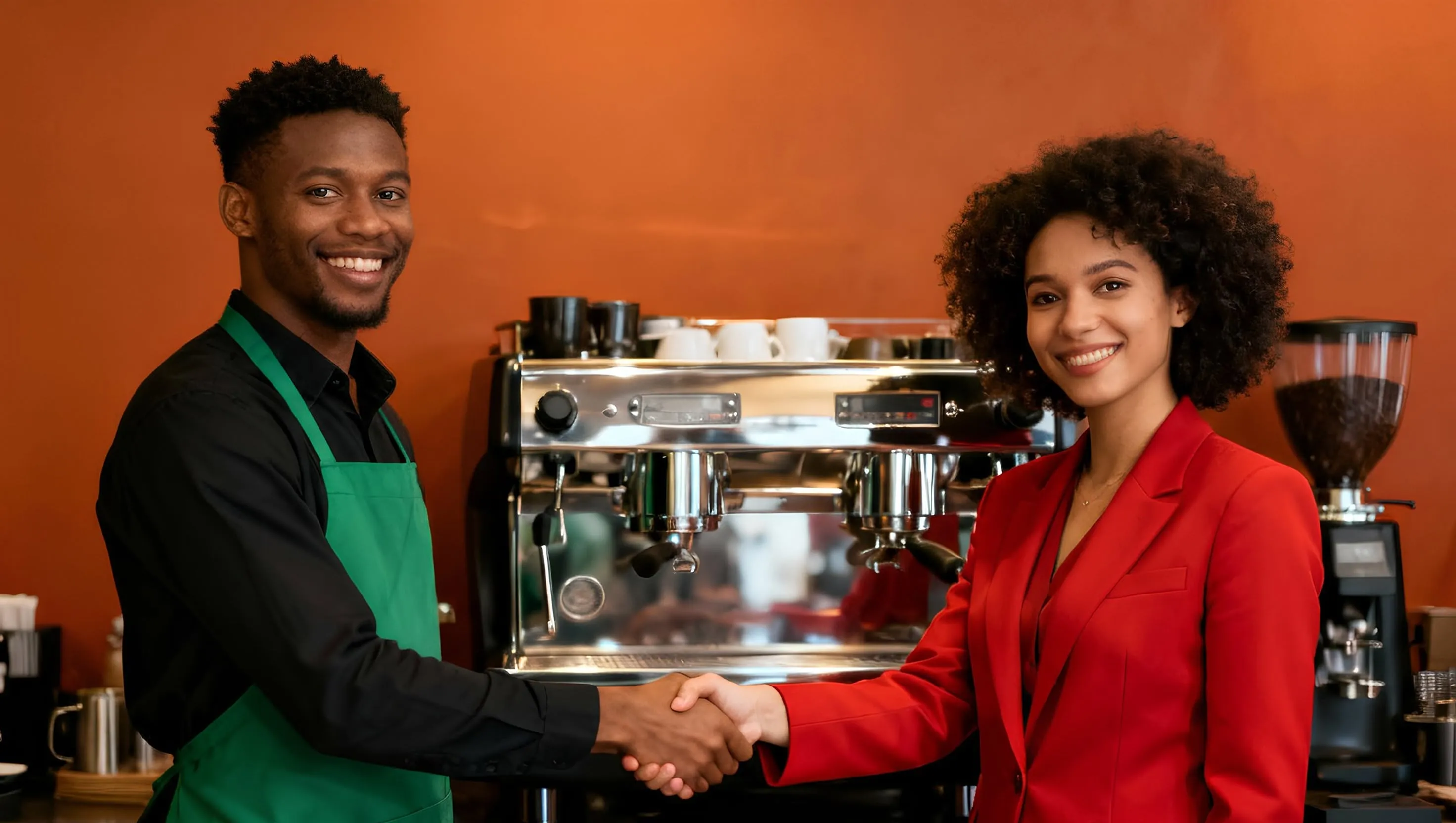 Coffee service team greeting a customer