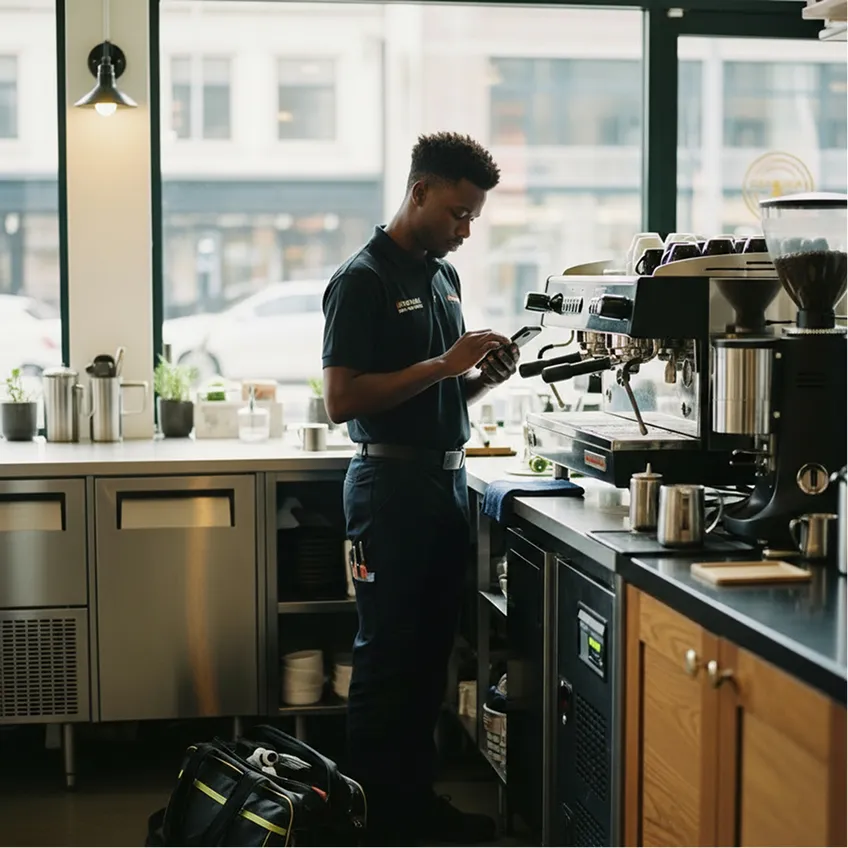 Barista using a commercial espresso machine