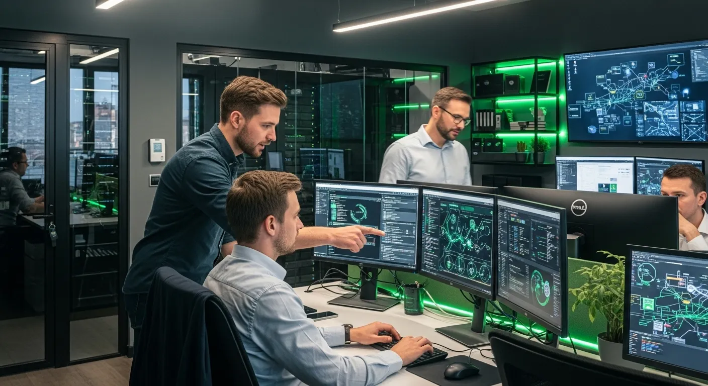 Dois homens trabalhando com múltiplos monitores exibindo gráficos e dados em um ambiente de escritório tecnológico.