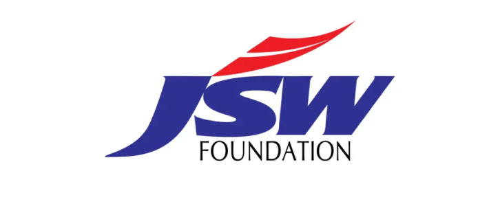 JSW Foundation logo with stylized blue letters and red swoosh above.
