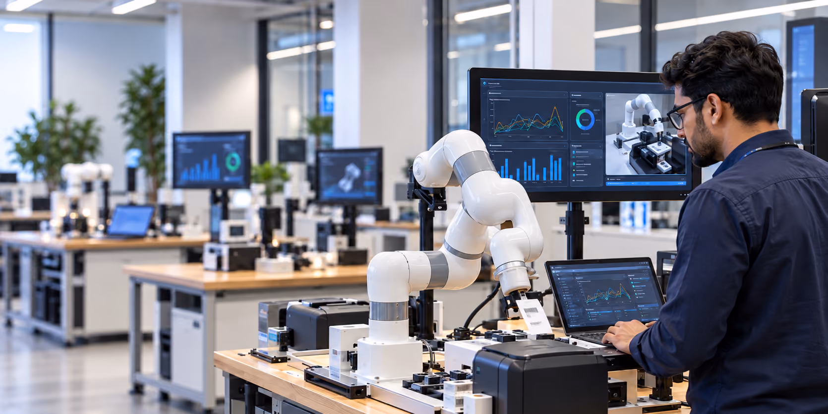 Man working in a POS robotic testing lab
