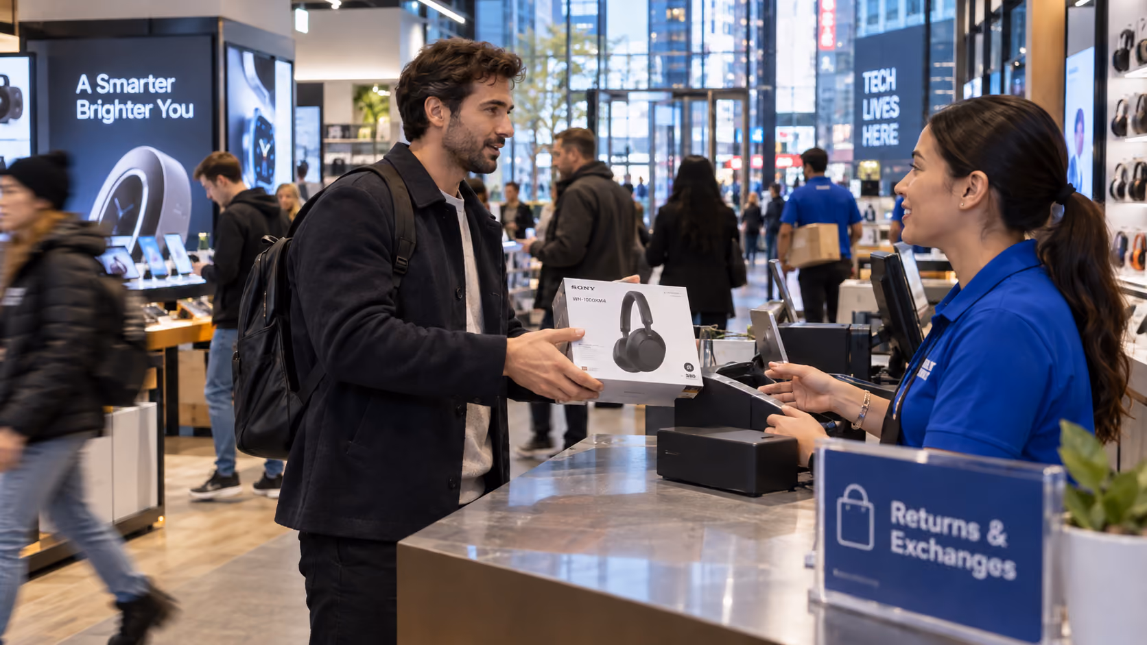A man returning headphones at a tech store