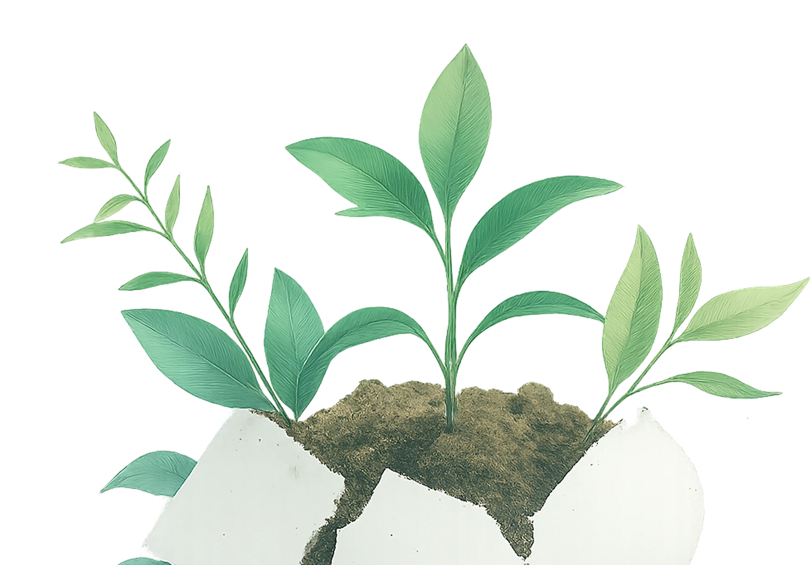 Grüne Pflanzen wachsen aus einem Ei mit Erde darin.