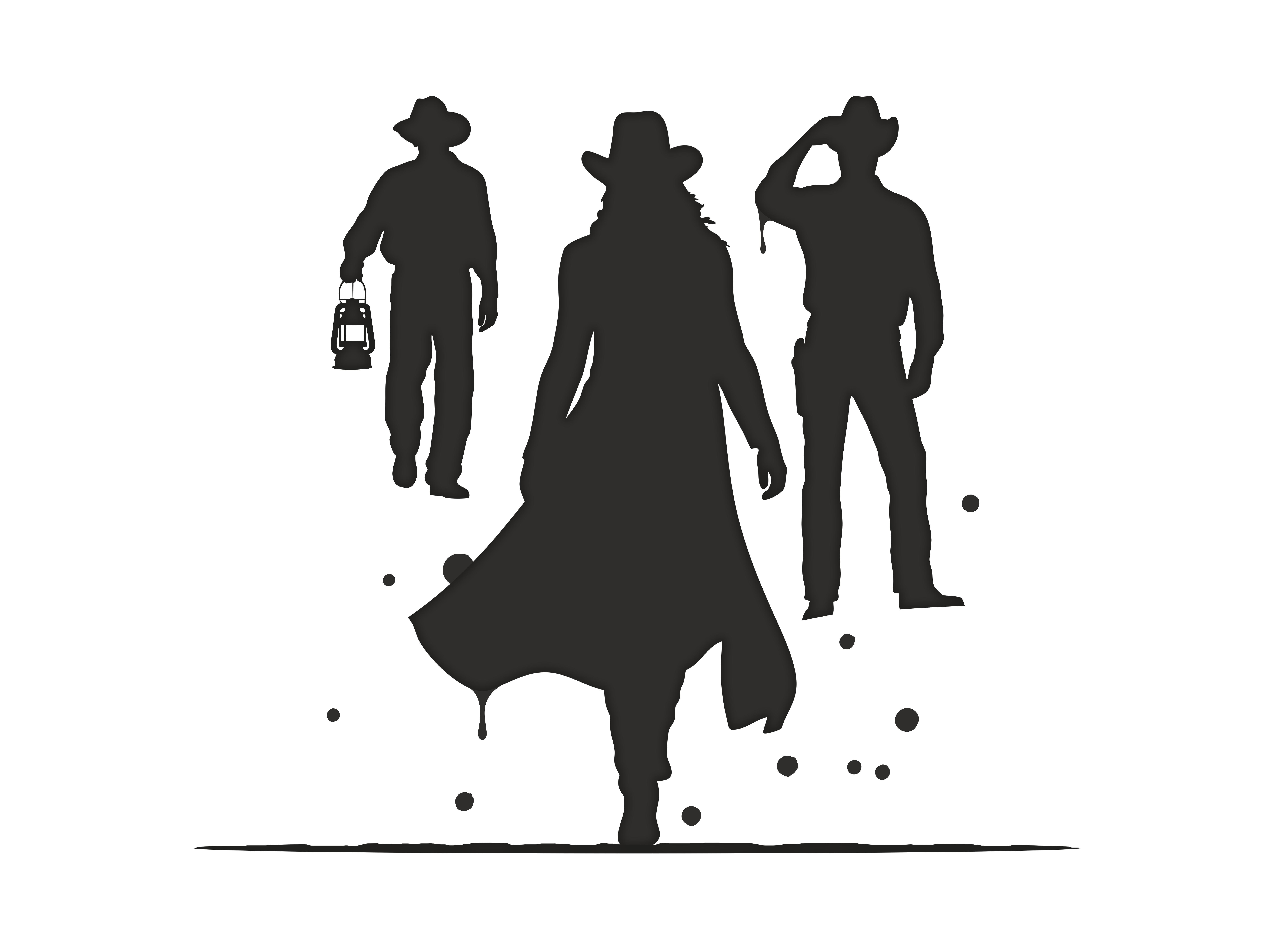 Silhouetten von drei Cowboy-Figuren, wobei eine in der Mitte einen langen Mantel trägt und die beiden anderen Hüte und eine Laterne beziehungsweise eine Hand am Hut haben.