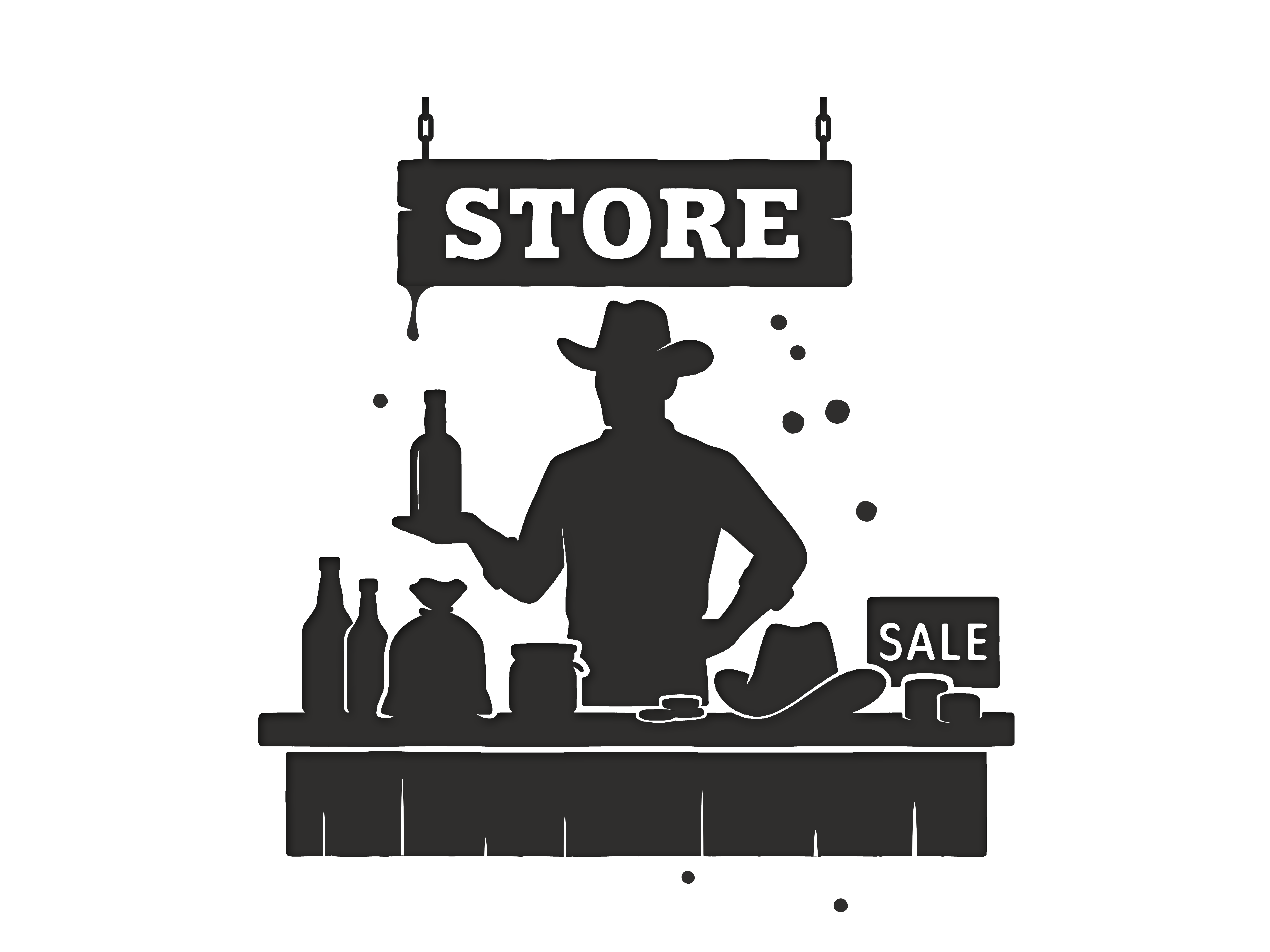Silhouette eines Cowboys hinter einem Ladentisch mit Flaschen, Eimer und einem Verkaufsschild.