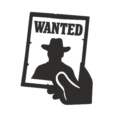 Hand hält ein Gesuchtes-Plakat mit der Silhouette einer Person mit Cowboyhut.