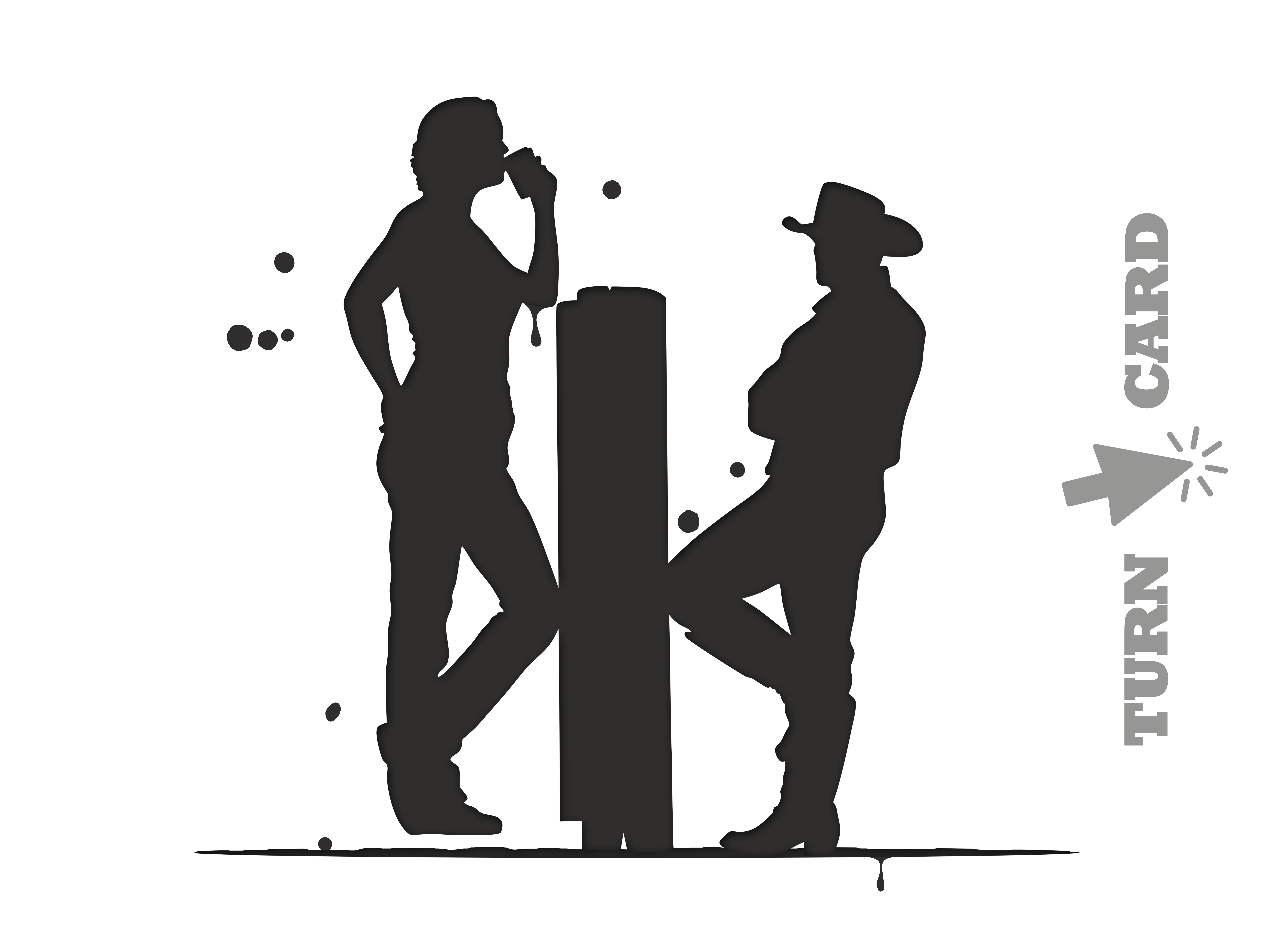 Silhouetten von zwei Menschen, die an einem Stehtisch lehnen, eine trinkt aus einem Becher, die andere trägt einen Cowboyhut.