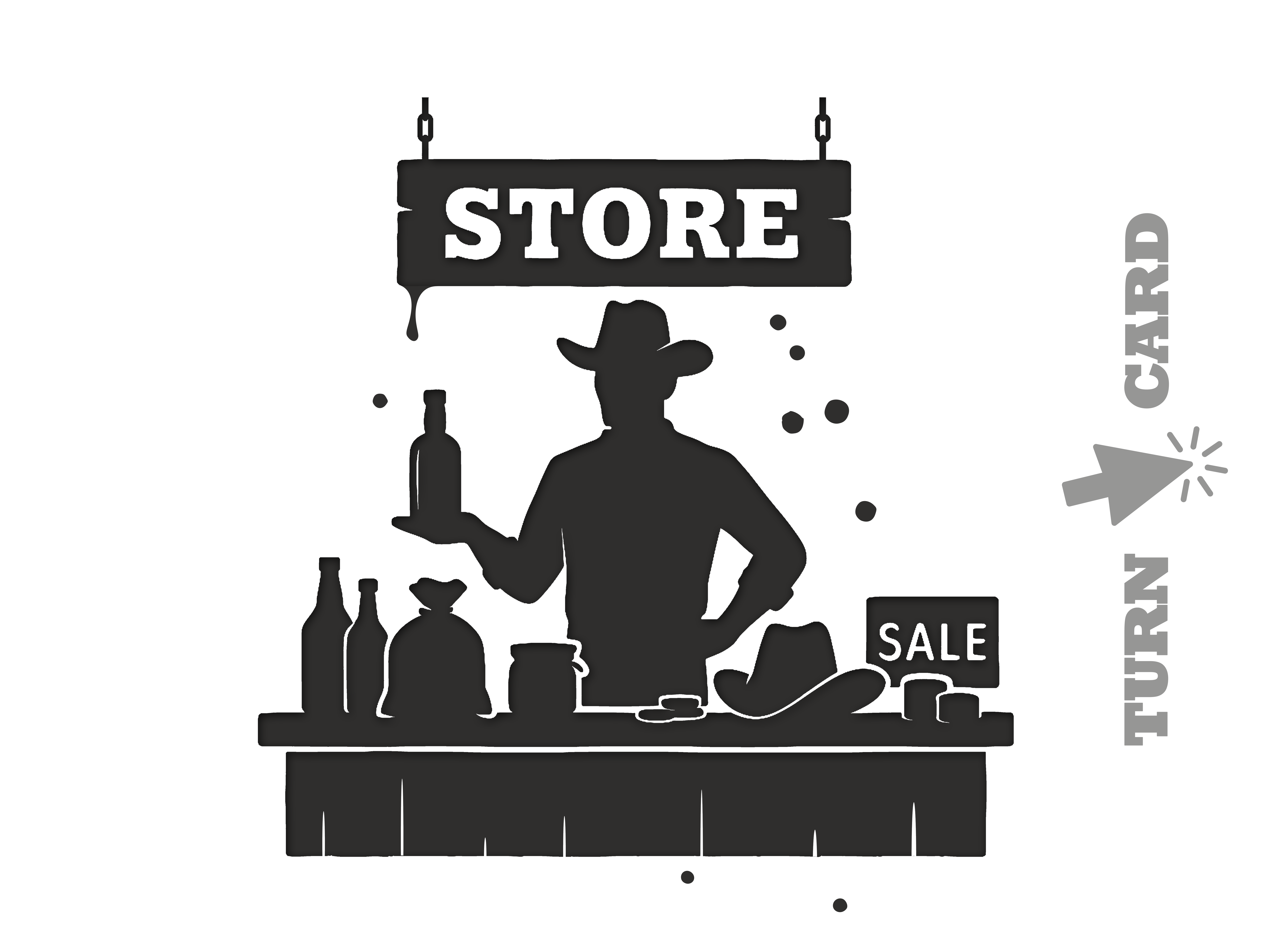Silhouette eines Mannes mit Cowboyhut hinter einem Verkaufstisch mit Flaschen, Geldbeutel, Cowboyhut und Schild mit Aufschrift Verkauf.