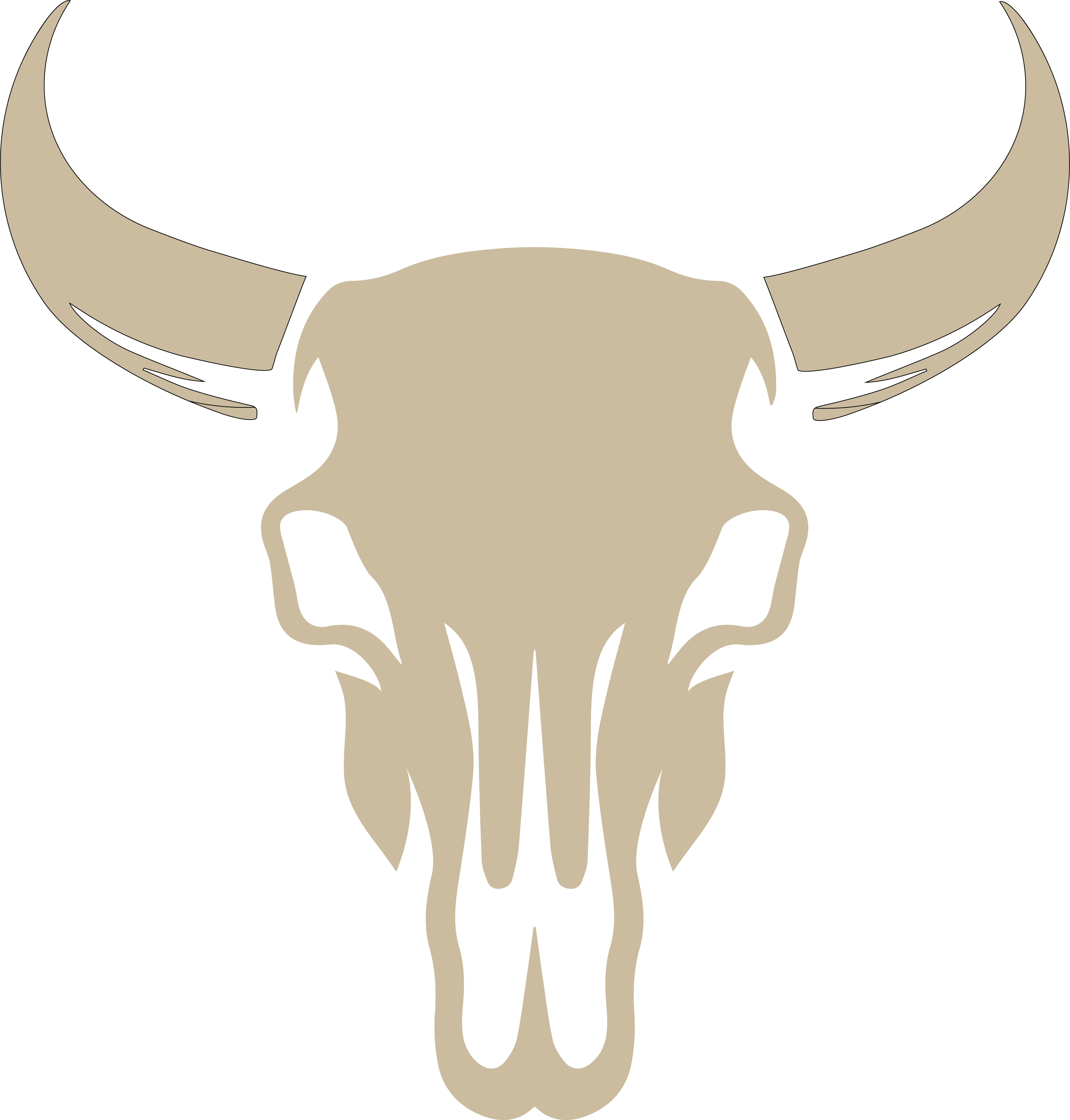 Stilisierter Stierschädel mit großen Hörnern in Beige vor schwarzem Hintergrund.