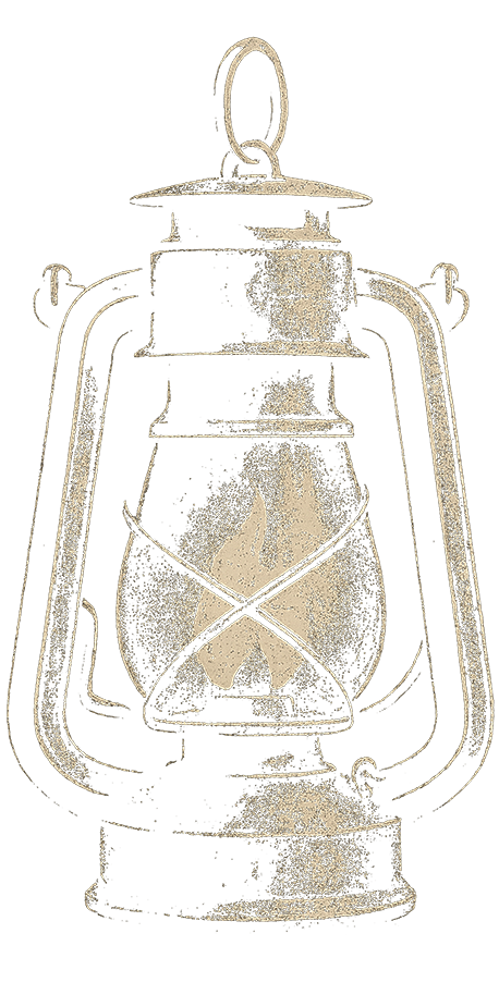 Gravierte Darstellung einer alten Petroleumlampe mit brennender Flamme.