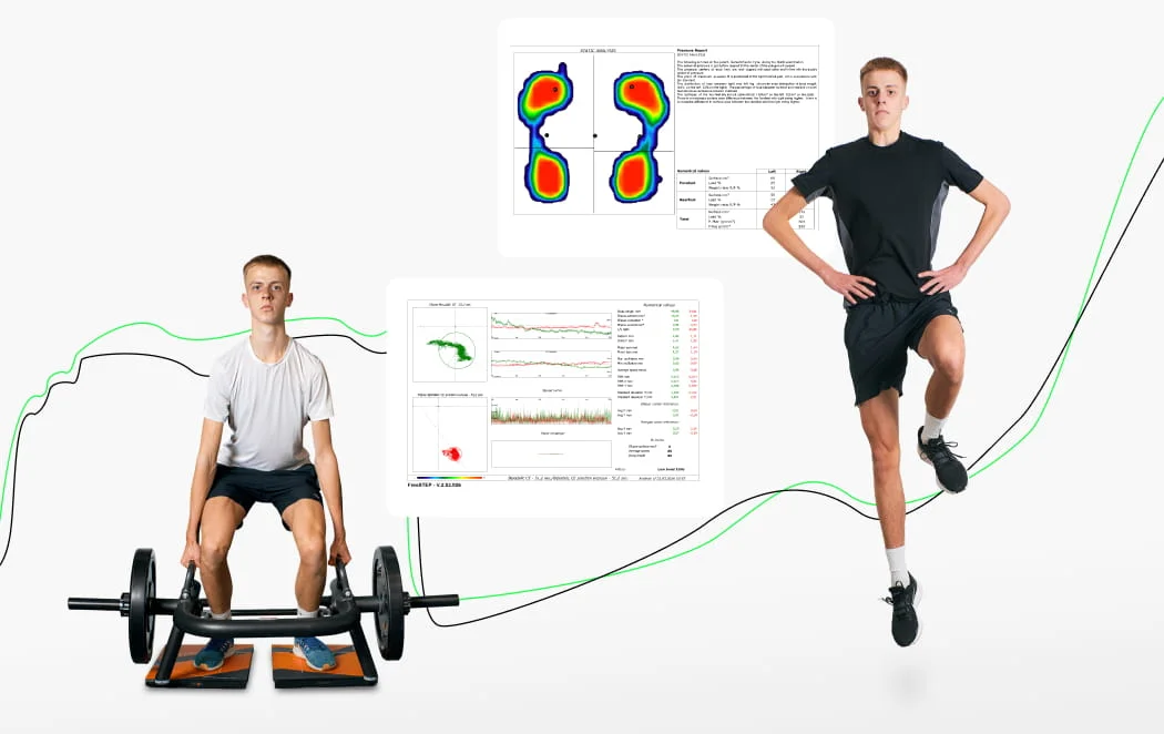 Колаж, що демонструє процес біомеханічного тестування спортсмена. Зліва хлопець виконує станову тягу з трэп-грифом, стоячи на тензометричних платформах для аналізу розподілу ваги. Справа він зафіксований у стрибку на одній нозі. У центрі розміщені два цифрові звіти: теплова карта тиску стоп та графіки кінетичних показників. Композицію доповнюють абстрактні динамічні лінії зеленого та чорного кольорів на білому фоні.