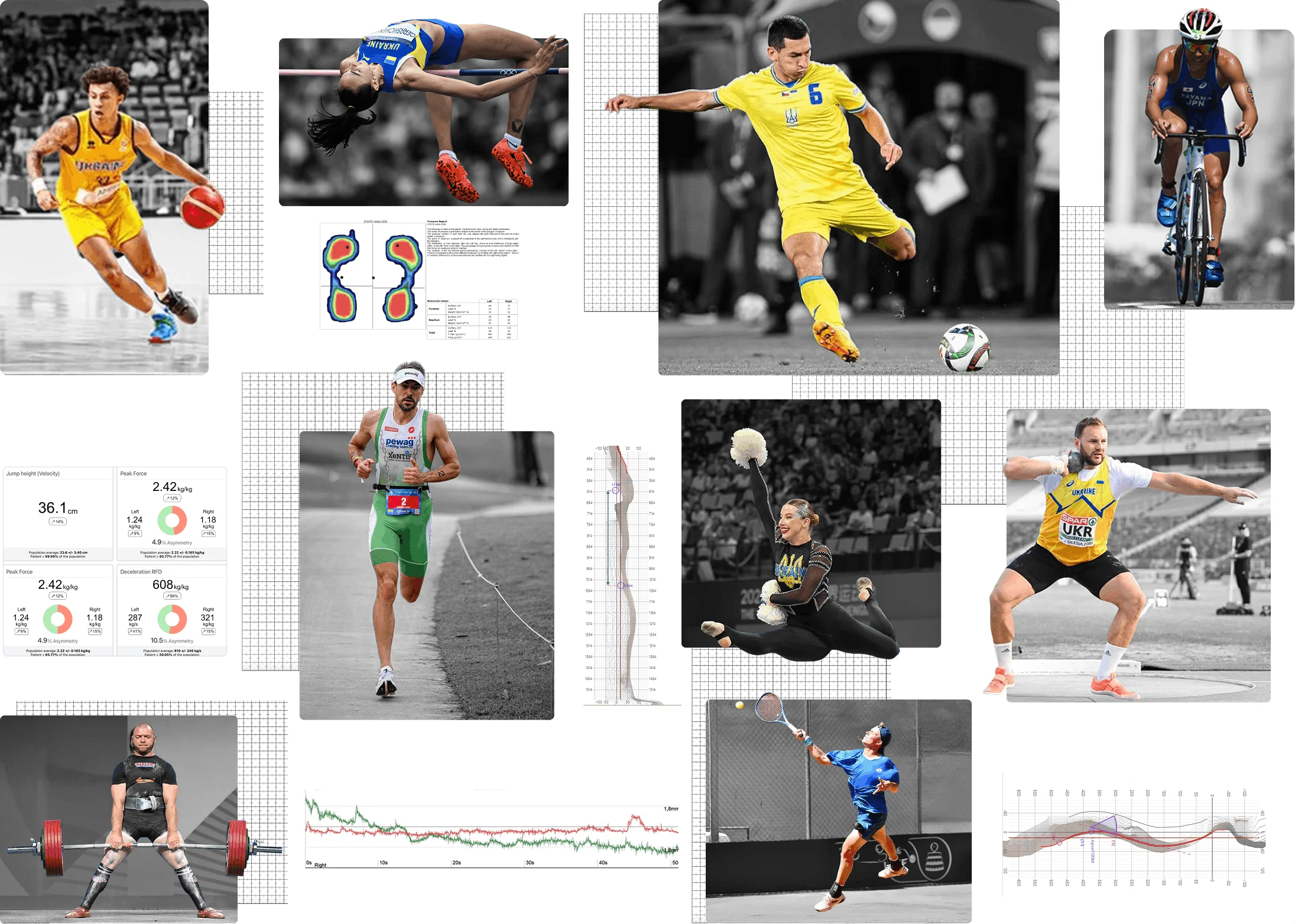 Колаж зображень українських спортсменів у різних видах спорту, таких як баскетбол, футбол, легка атлетика, теніс та важка атлетика, що перемежовуються з науковими графіками та діаграмами аналізу руху.