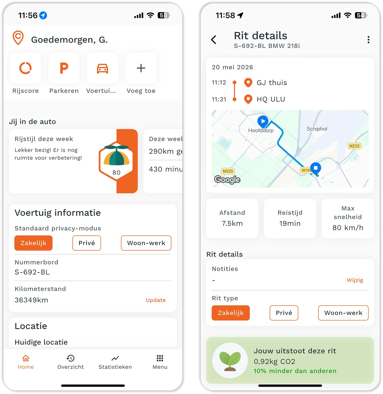 Cartracker Berijdersapp met voertuiggegevens en ritdetails