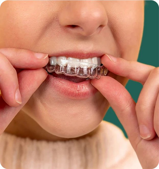 A woman is place an orthodontic cap