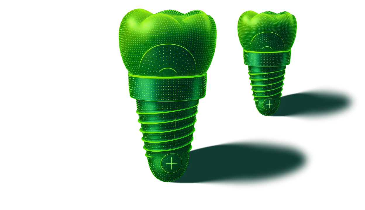 Digital 3D illustration of two green dental implants casting shadows on a black background.