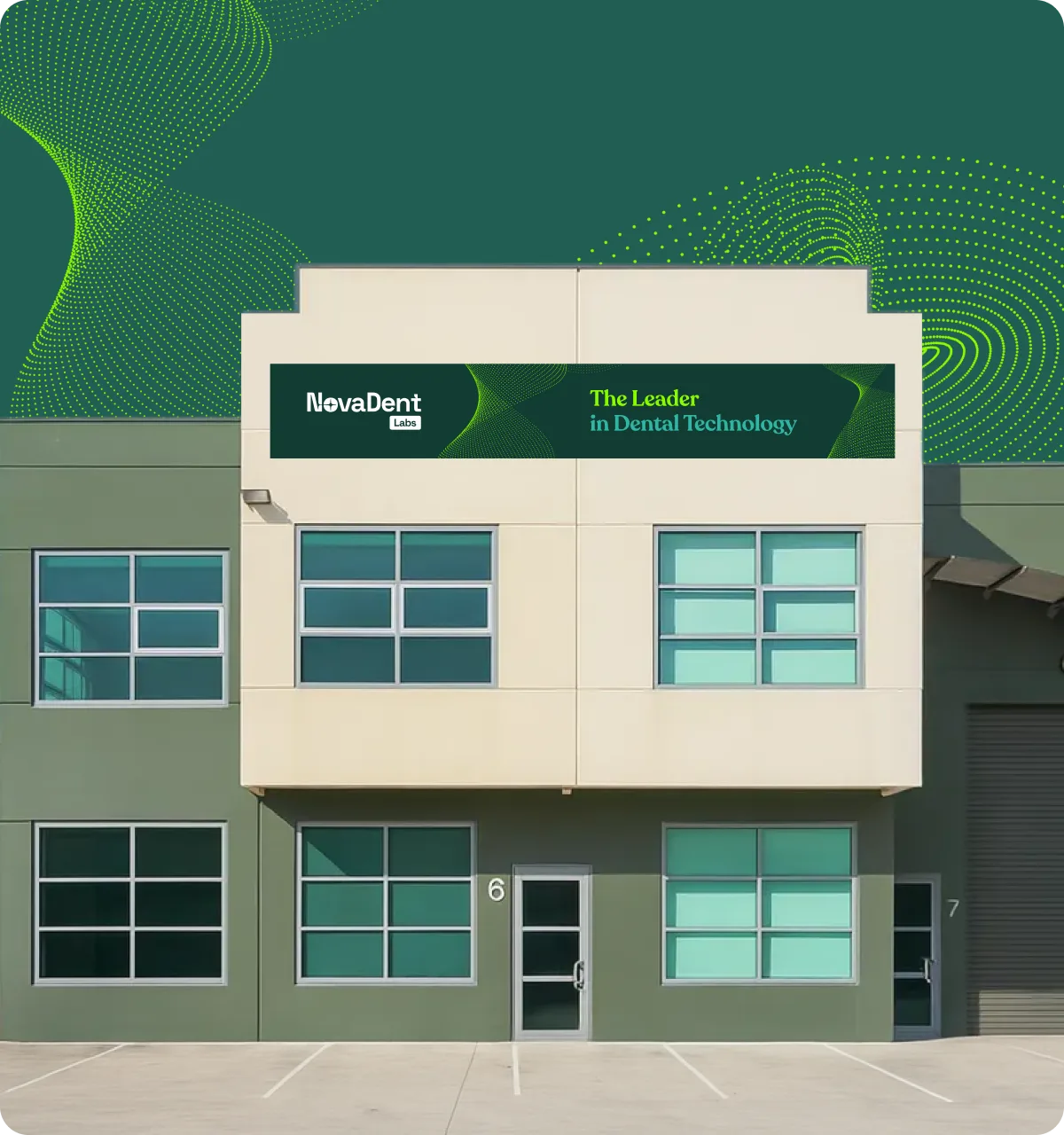 Modern commercial building with green and beige facade featuring a sign that reads 'NovaDent Labs The Leader in Dental Technology.'
