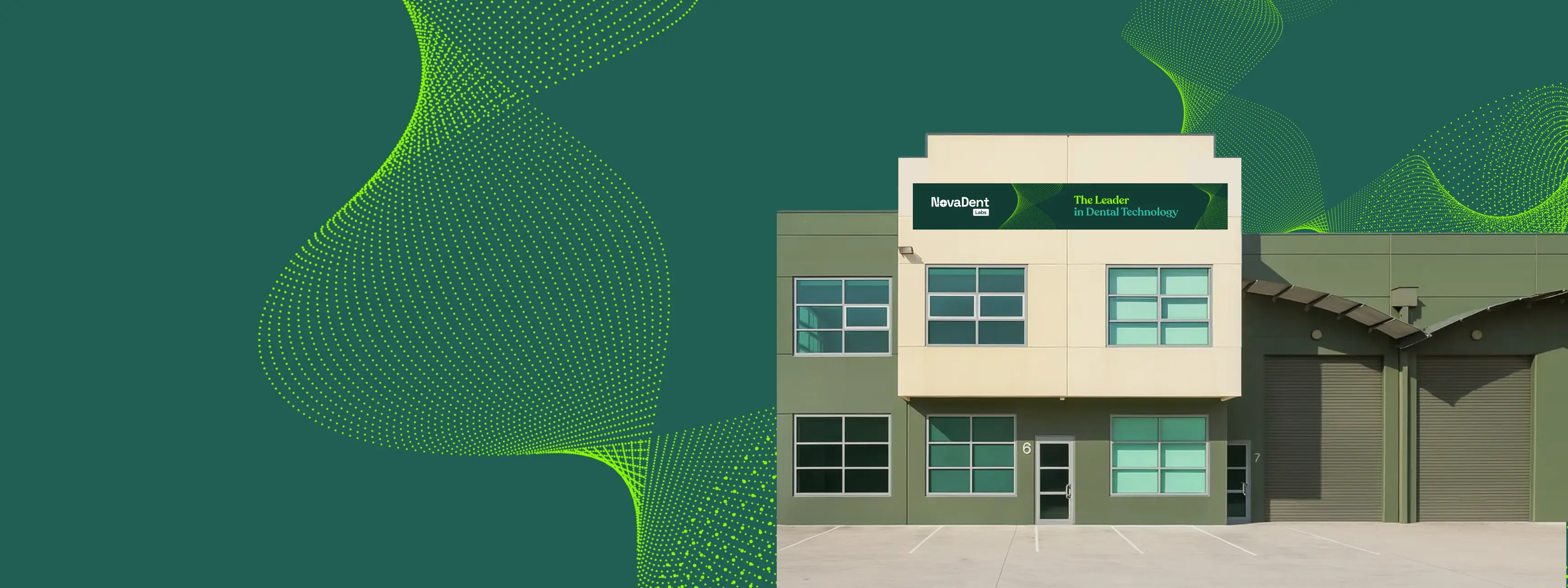 Modern commercial building with beige and green facade featuring a sign reading 'NovaDent Labs The Leader in Dental Technology'.