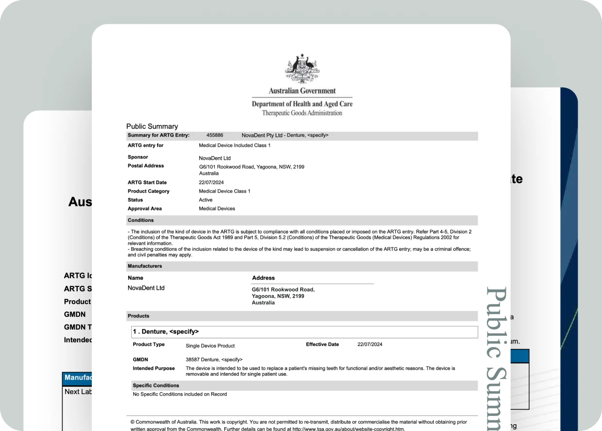 Australian Government Department of Health and Aged Care public summary document for ARTG entry of a denture medical device by NovaDent Ltd, including sponsor details, product category, conditions, manufacturer address, and intended purpose.