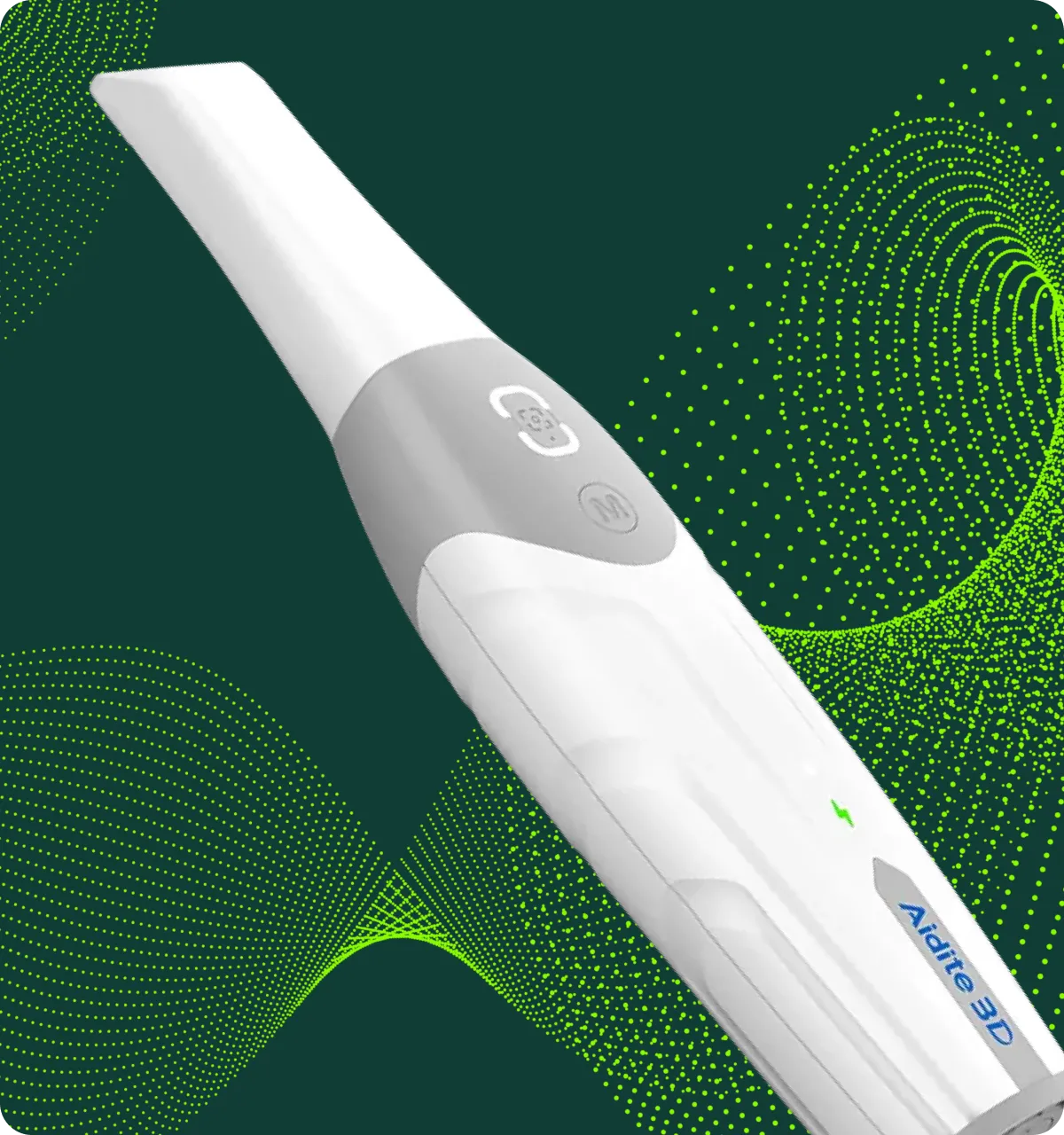 White handheld device labeled Aidite 3D with buttons, set against a dark background with green dotted wave patterns.