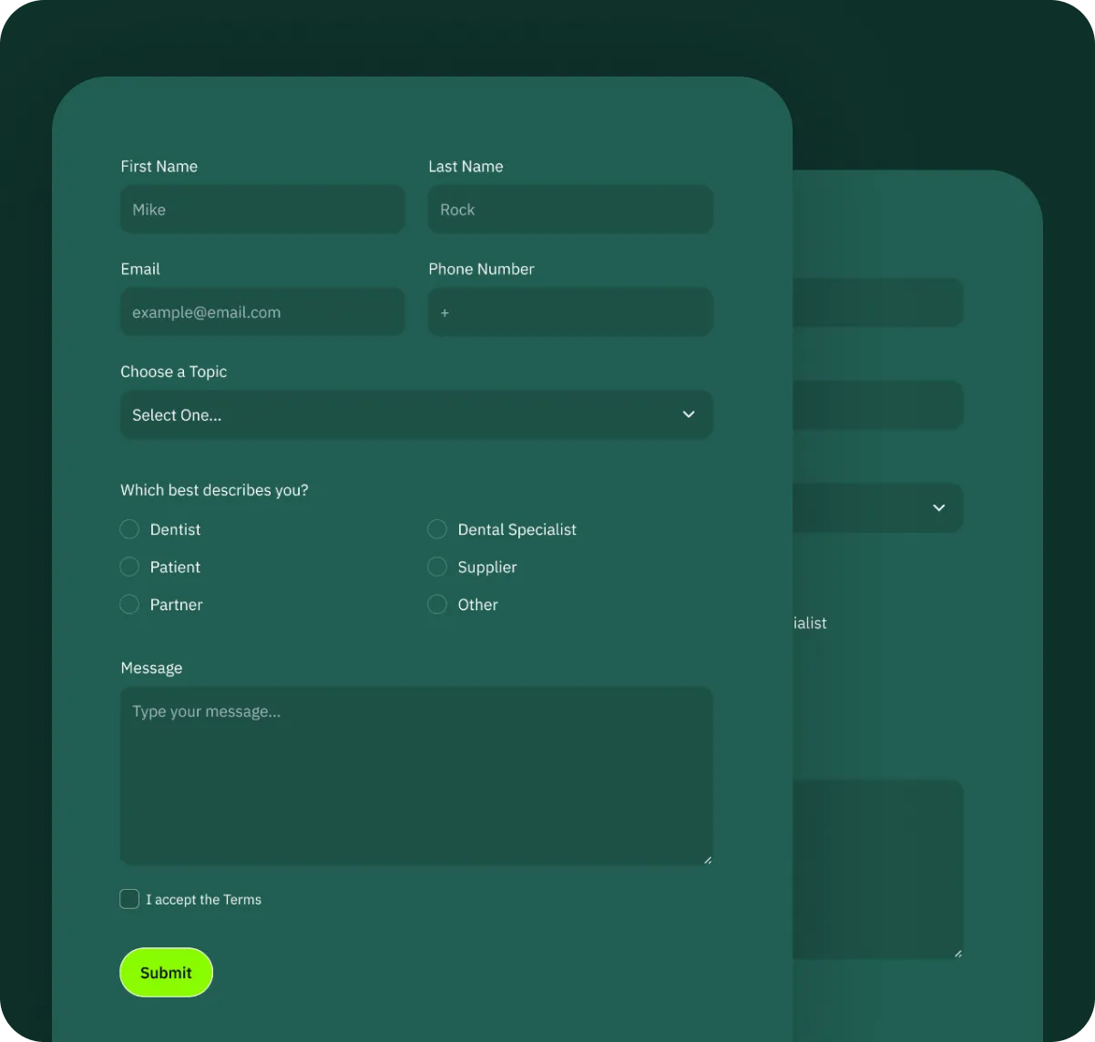 Contact form with fields for first name, last name, email, phone number, topic selection, user description options, message box, terms acceptance checkbox, and submit button.