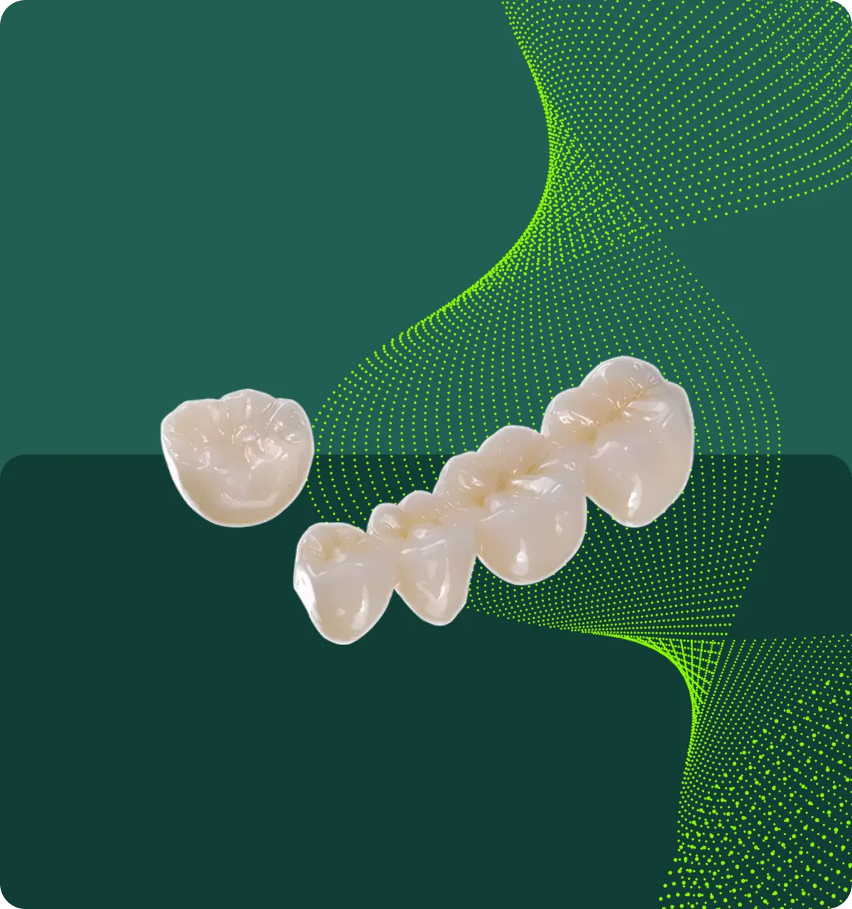 Set of realistic dental crowns on a green background with a green dotted wave pattern.