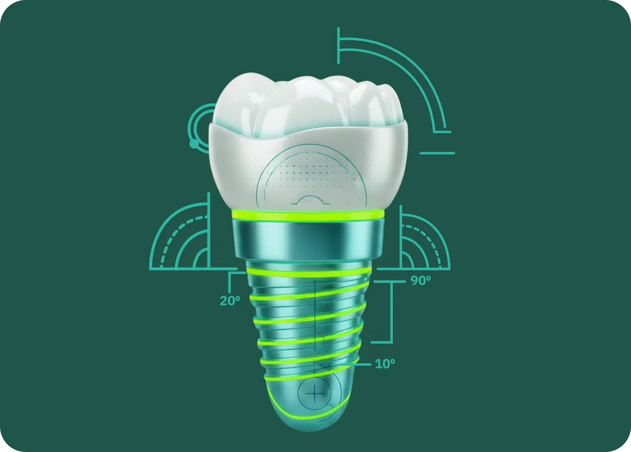3D illustration of a dental implant with highlighting lines and angle measurements on a dark green background.