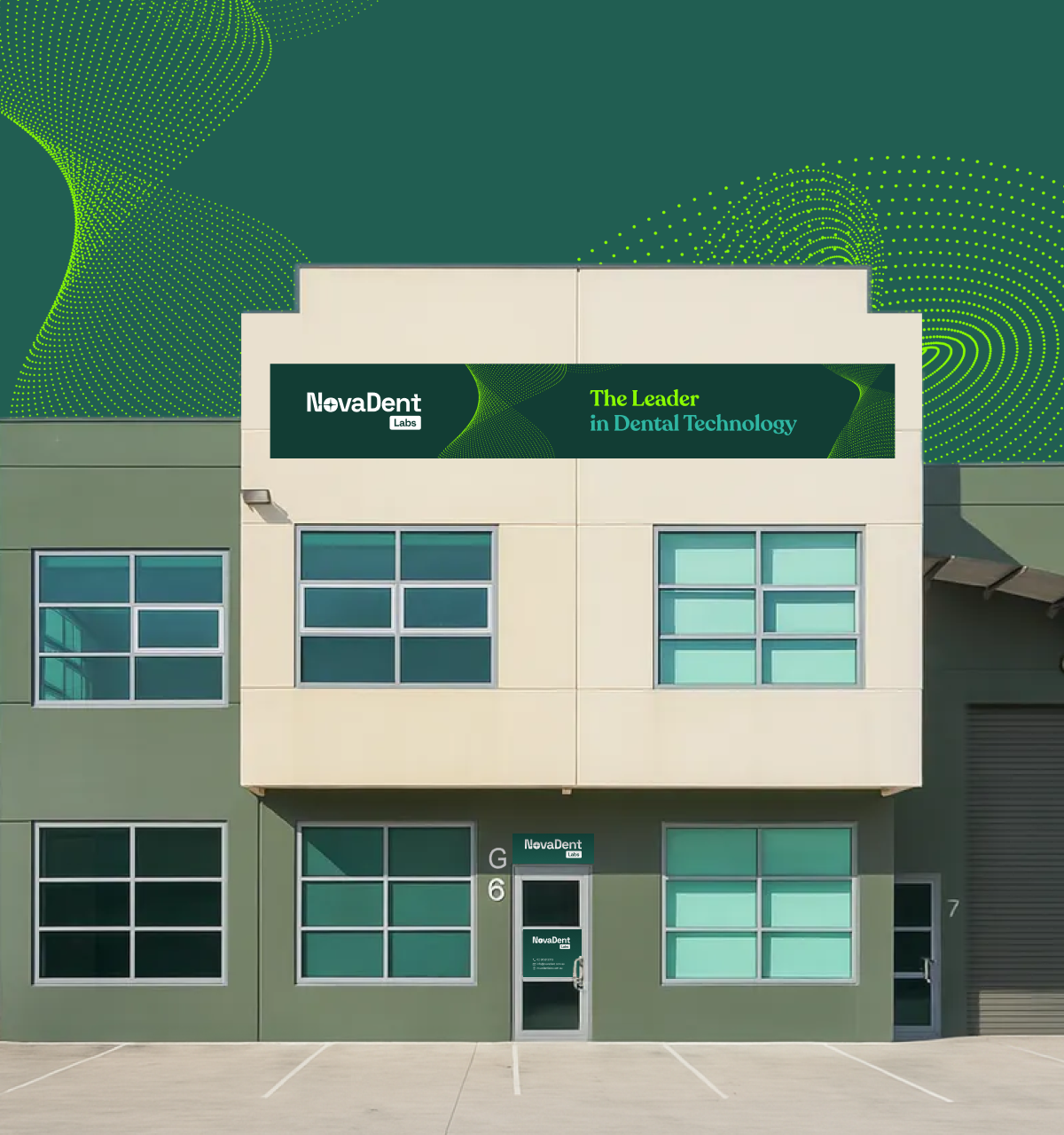Front view of a two-story commercial building with NovaDent Labs signage and green accents.