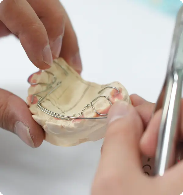 Hands holding a dental model with an orthodontic retainer made of metal wire.
