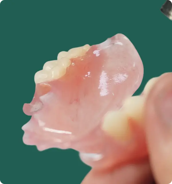 Close-up of a hand holding a partial upper denture with pink gum and white teeth.