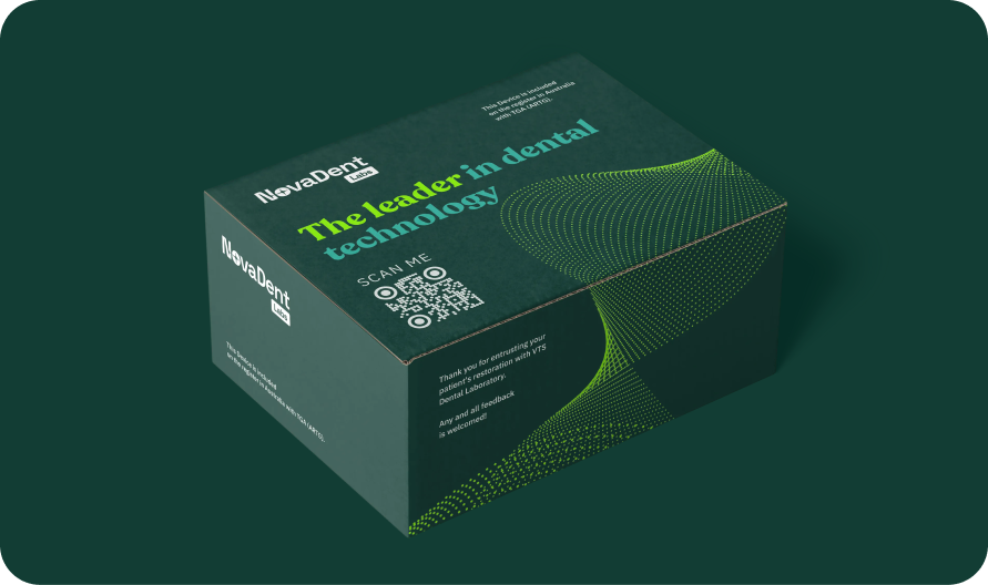 Green and black box from NovaDent Labs with text about dental technology and a QR code on top.