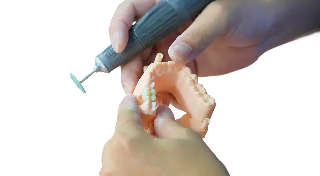 Hands holding dental model and using a rotary tool on a tooth-shaped piece.