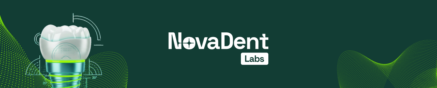 Illustration of a dental implant topped with three teeth beside the NovaDent Labs logo on a dark green background with green dotted wave patterns.