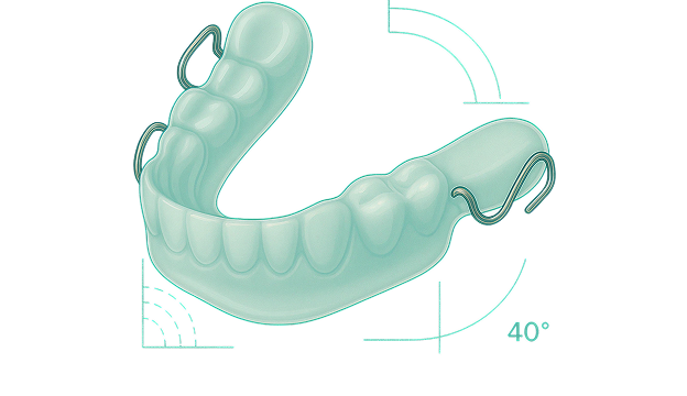 Transparent dental aligner with metal hooks and angle indicators on a black background.