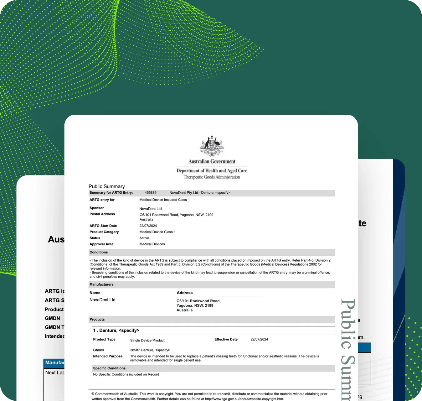 Australian Government Department of Health and Aged Care Therapeutic Goods Administration public summary document for NovaDent Ltd denture medical device listing.