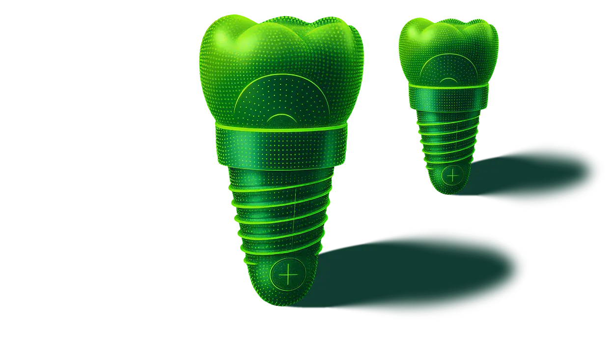 Digital 3D illustration of two green dental implants casting shadows on a black background.