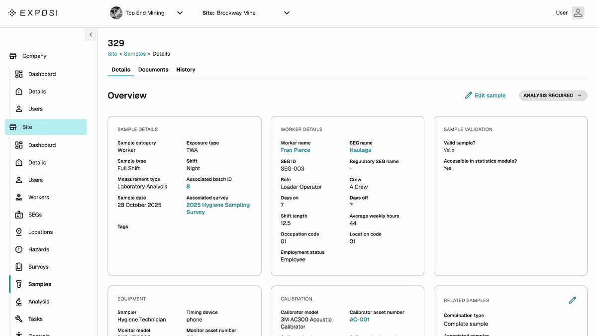 Sample details dashboard showing worker exposure data, equipment info, calibration, and validation status for site Brockway Mine.