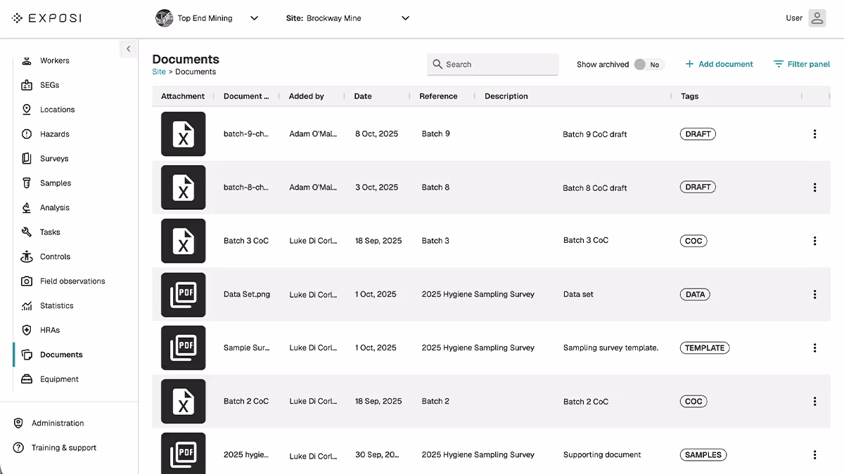 Document management interface showing a list of files with columns for attachment type, document name, added by, date, reference, description, and tags for a mining site.