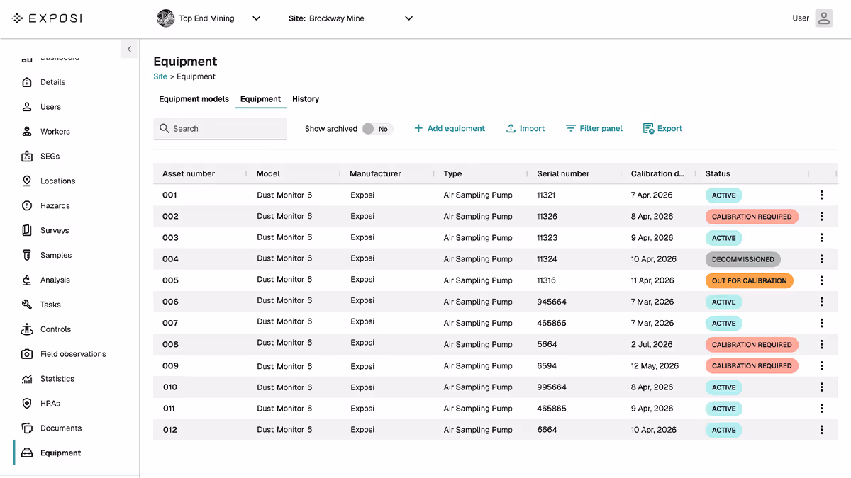 Screen showing equipment list for dust monitors at Brockway Mine with status labels such as Active, Calibration Required, Decommissioned, and Out for Calibration.