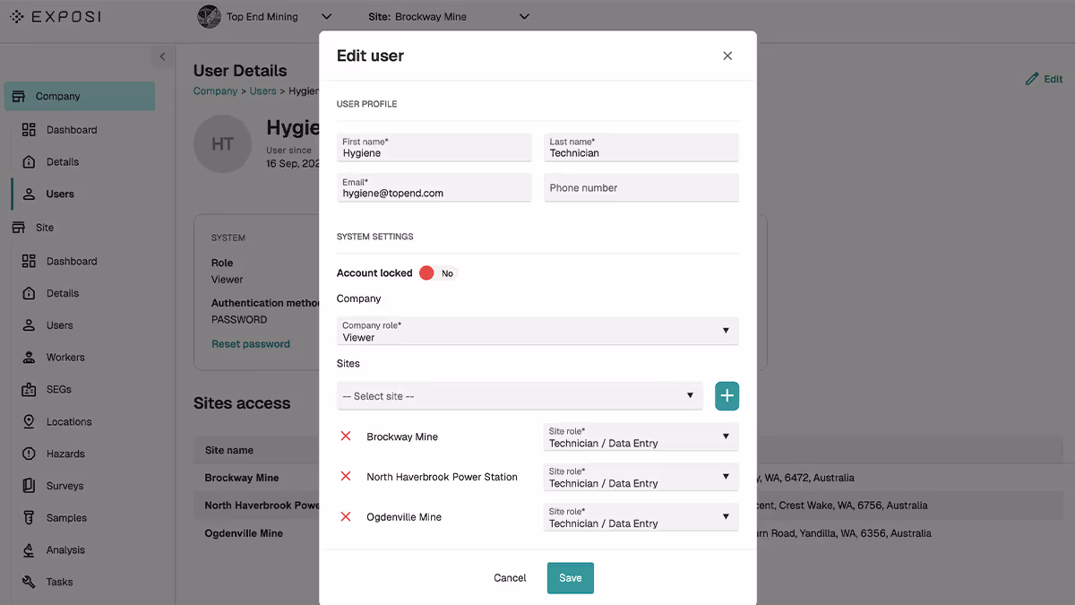 User edit form displaying profile details and site access roles for a user named Hygiene Technician, including company role as Viewer and site roles as Technician/Data Entry.