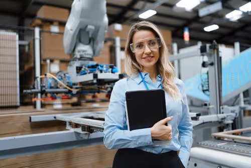 Woman wearing safety glasses holding a tablet in an industrial setting with machinery in the background.