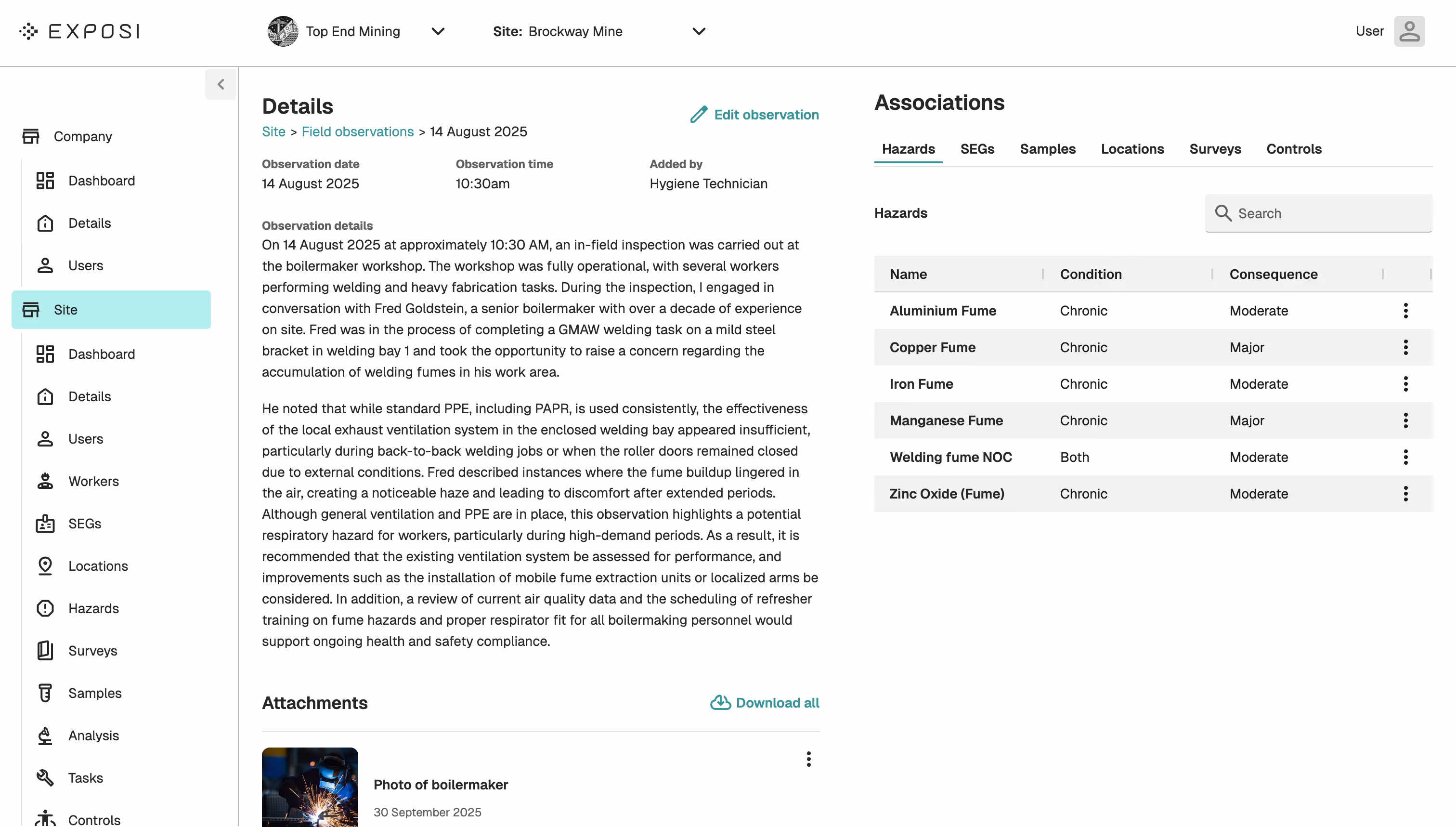 Screenshot of Exposi user interface showing a field observation report for Brockway Mine dated 14 August 2025, detailing welding fume hazards and recommended ventilation improvements.