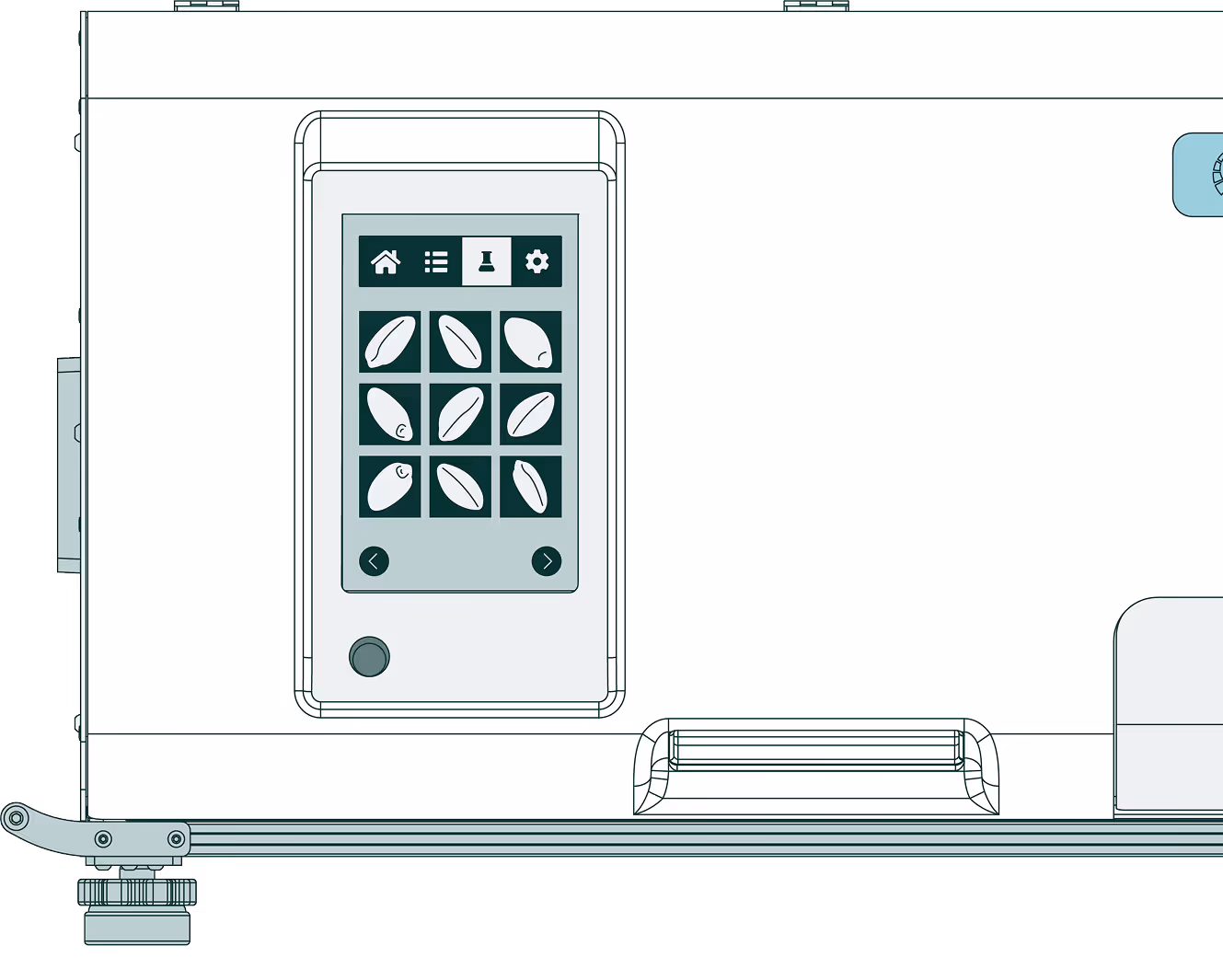 Side elevation technical drawing of Acova automated commodity analysis unit.
