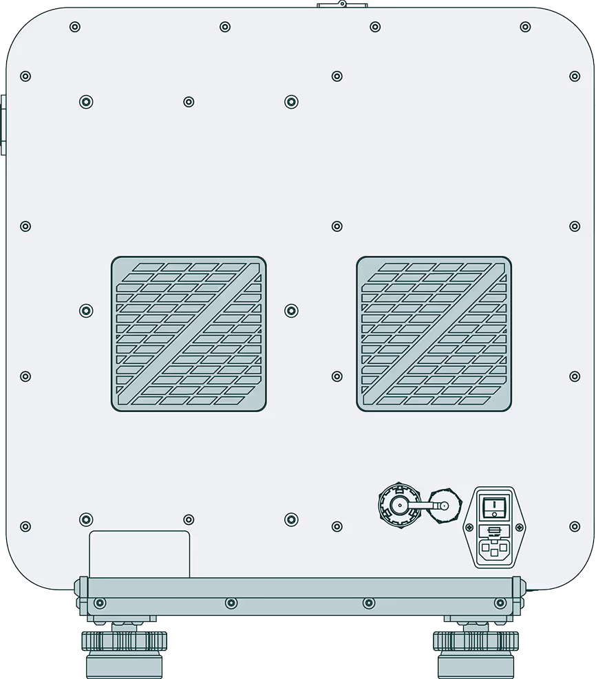 	Rear panel design showing ventilation and hardware layout of Acova device.