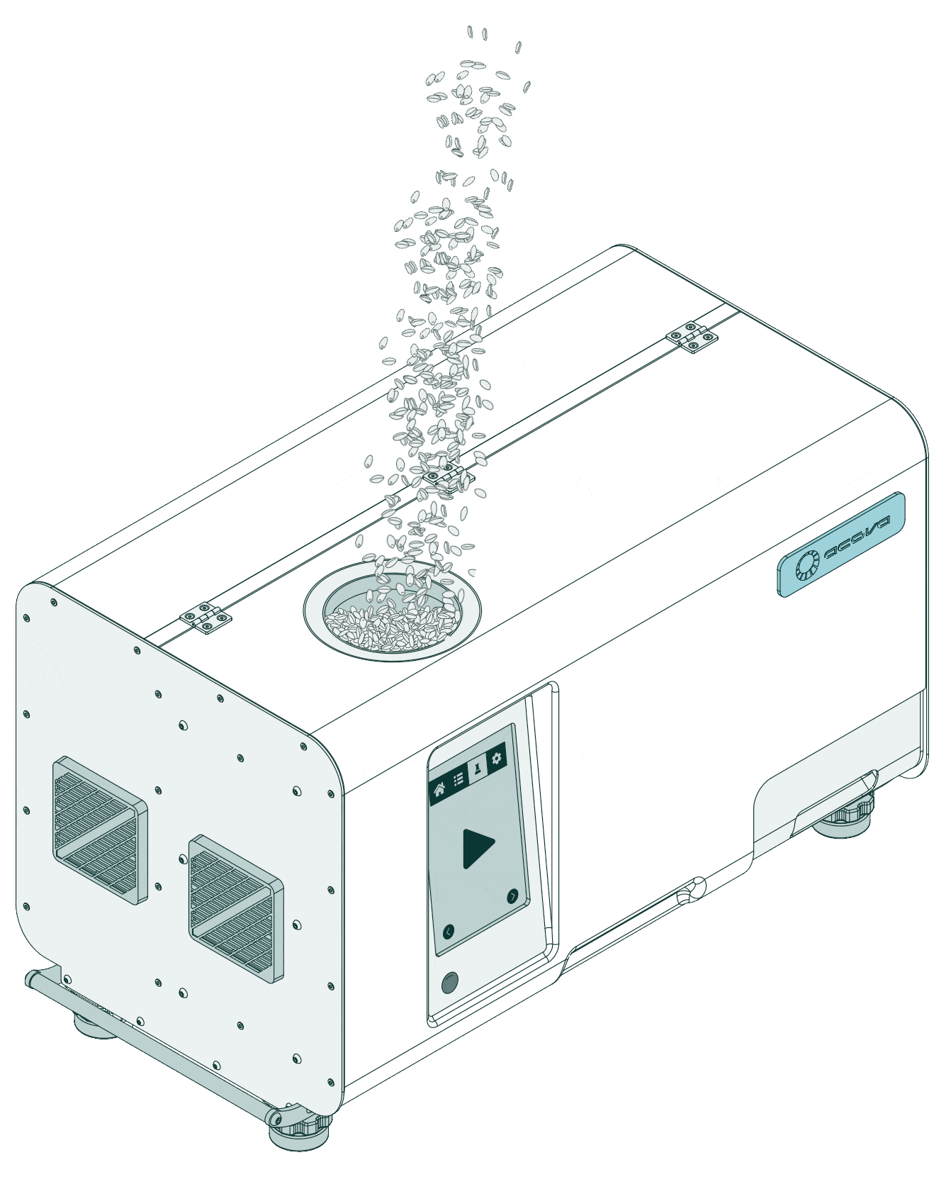 Animated Acova device GIF illustrating automated visual grain testing process.