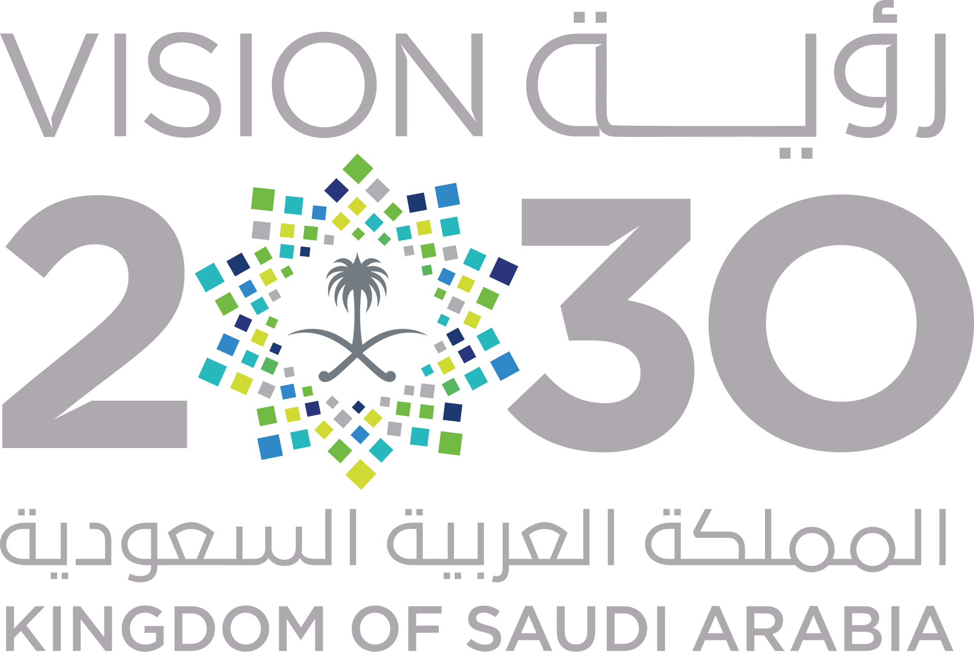 Saudi Vision 2030 logo featuring the palm tree and crossed swords emblem with colorful mosaic pattern and text in Arabic and English, for Saudi Vision Hydroh2