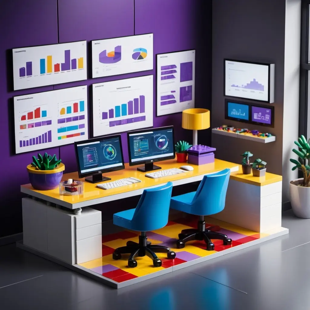 Lego-style office desk with charts and computers symbolizing AI automation insights and business growth.