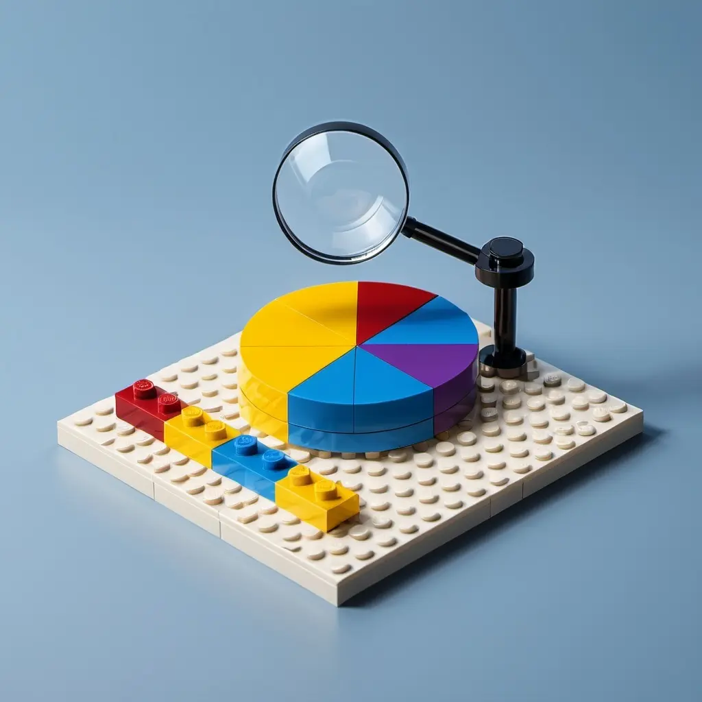 Lego-style pie chart with magnifying glass symbolizing data analysis and market research automation.