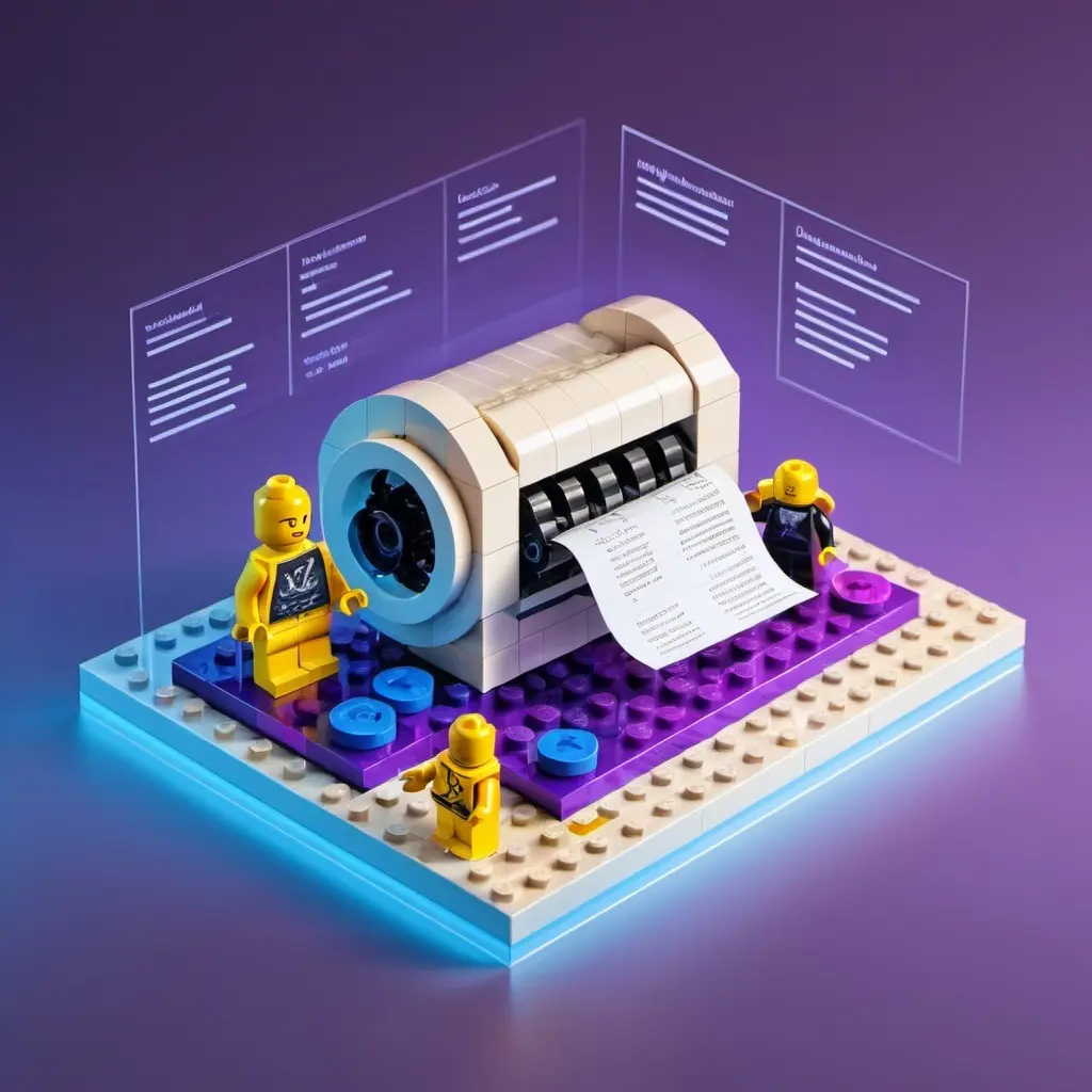 Lego-style printer producing documents, symbolizing automated data extraction and document processing.