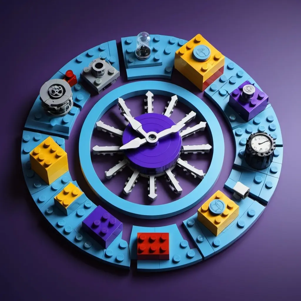 Lego-style circular clock with gears symbolizing workflow automation and task management.